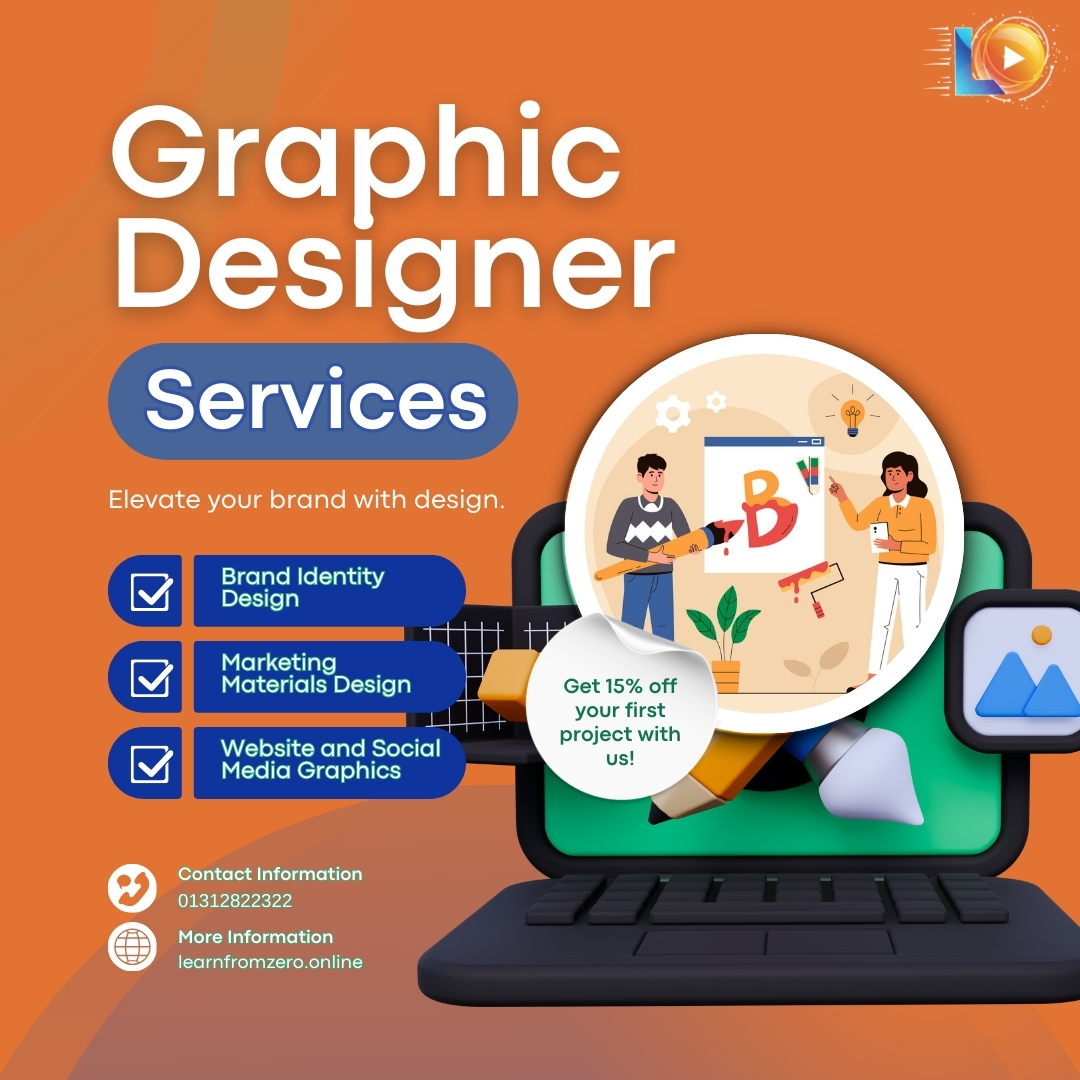 Graphic Design Basics focused promotional banner showing graphic designer services, brand identity design, marketing materials, and social media graphics with contact information.